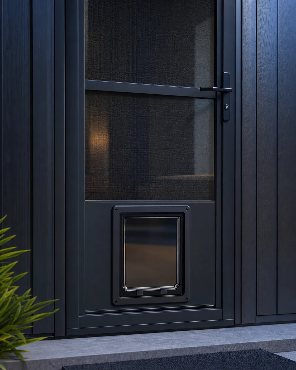 Professionally installed black pet door in a modern screen door