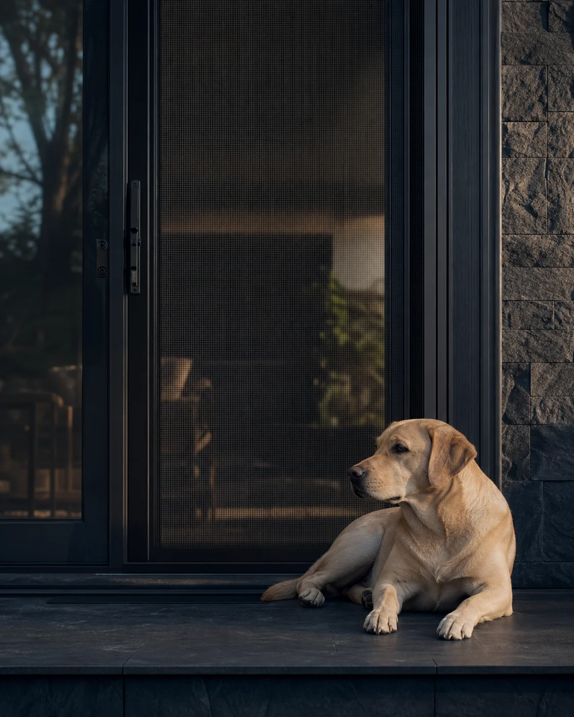 Dog sitting safely beside a durable dark pet-resistant screen door